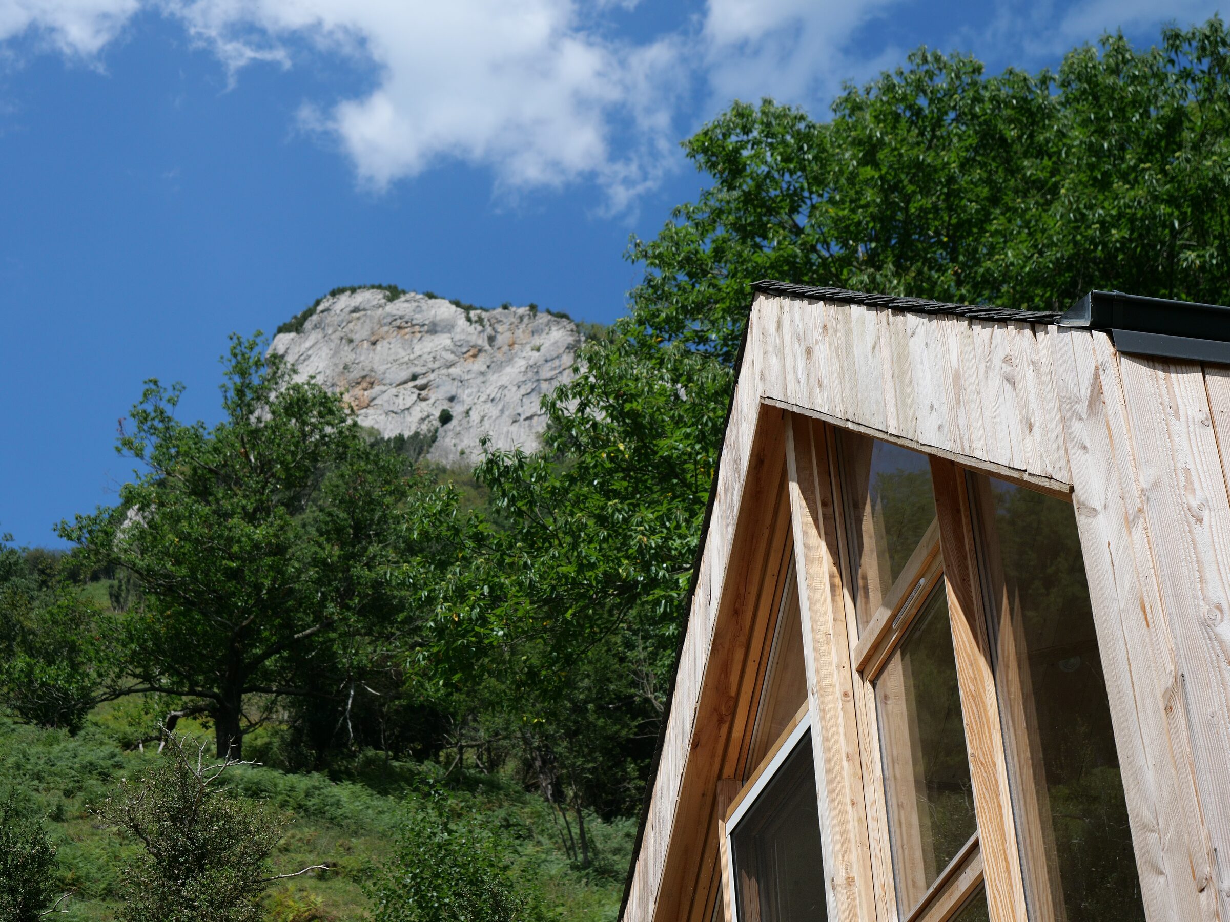 Façade de la grange en pierre et bardage bois, sur les hauteurs boisées